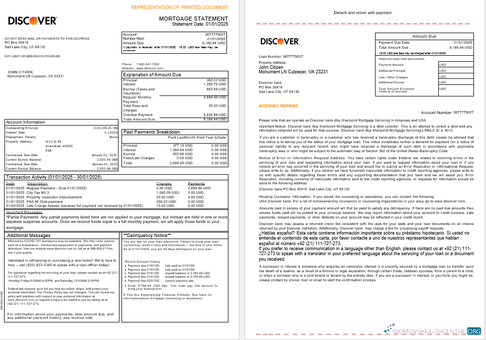Download USA Discover bank mortgage statement in Word and PDF formats, 3 pages 1 2 Photoshop template